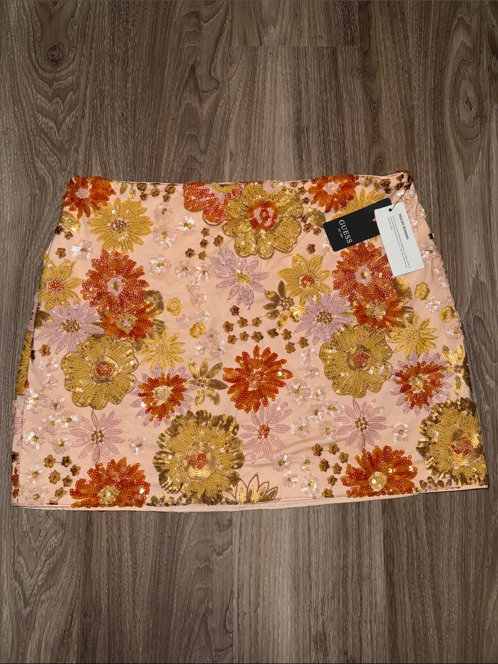 Guess Pink Mini Skirt with Gold & Orange Floral Sequins